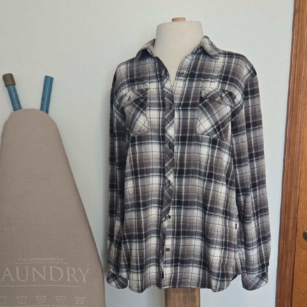 Cabela's Black Brown Grey & White Checkered Shirt